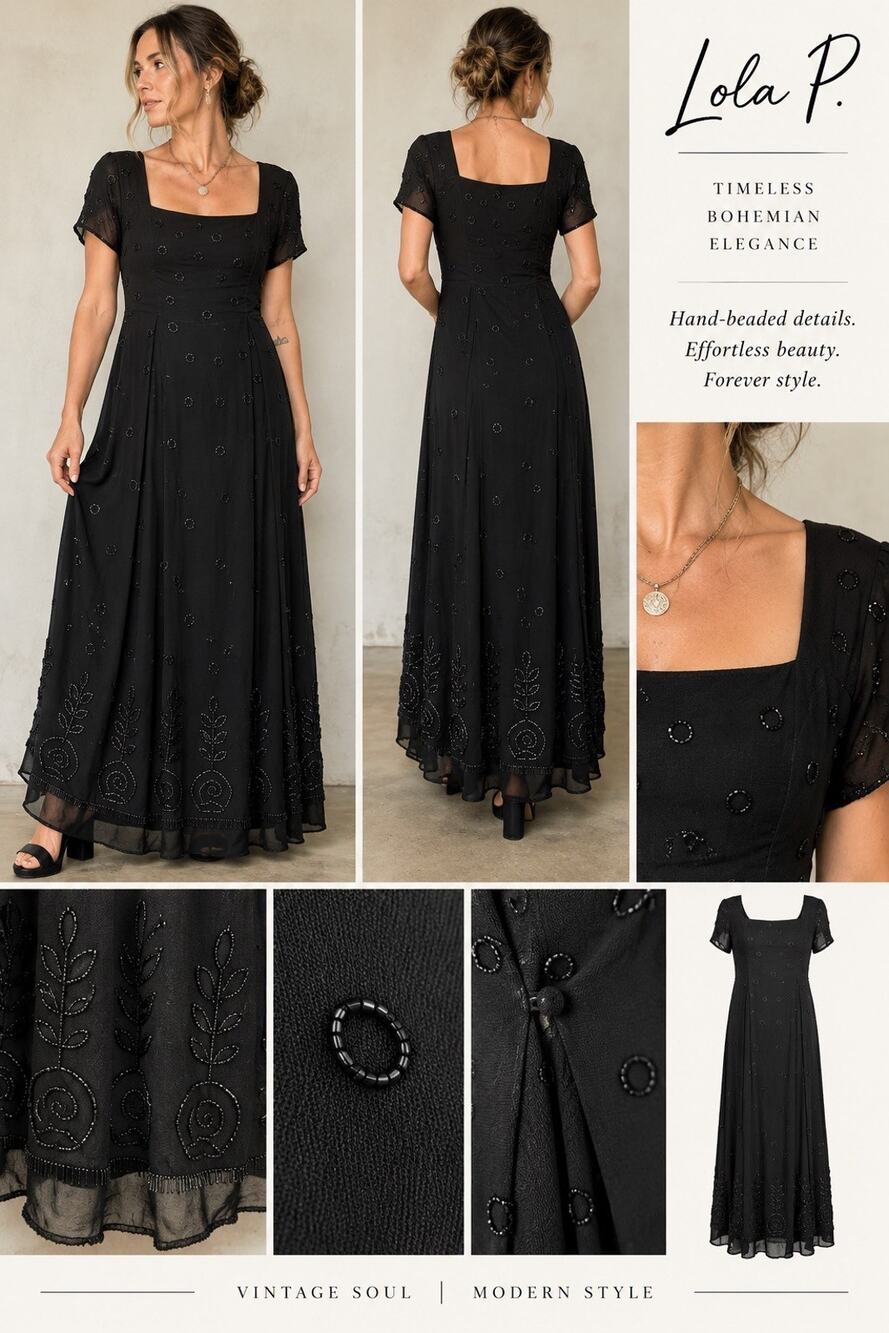 Lola P. Black Beaded Sheer Chiffon Maxi Dress Square Neck Short Sleeve S